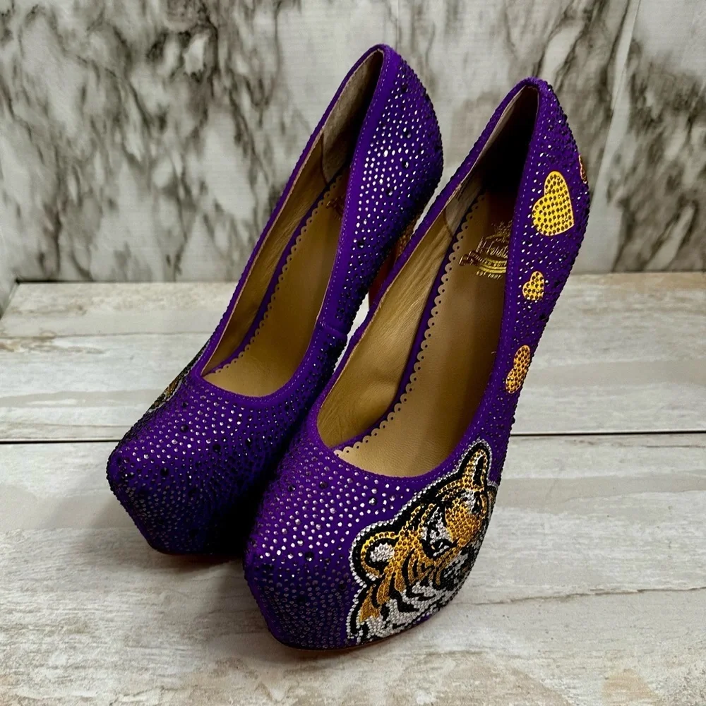 Herstar Women Sz 9 LSU Tigers Crystal Heels Pumps Shoes Purple Gold Glitter Glam